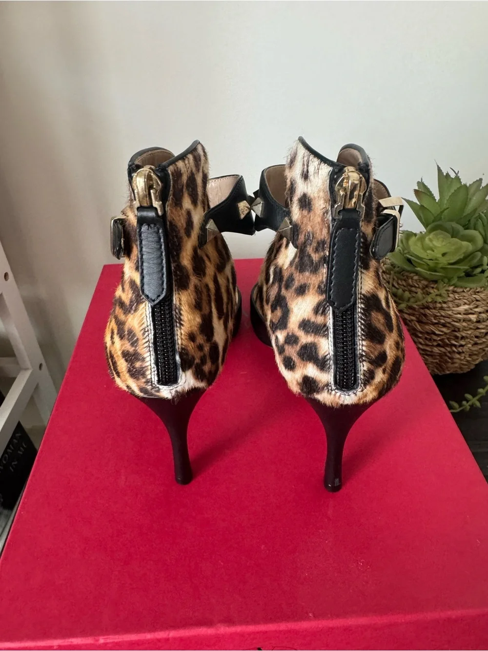 Valentino Garavani Rockstud Leopard Pony Hair Ankle Strap Heels 37.5